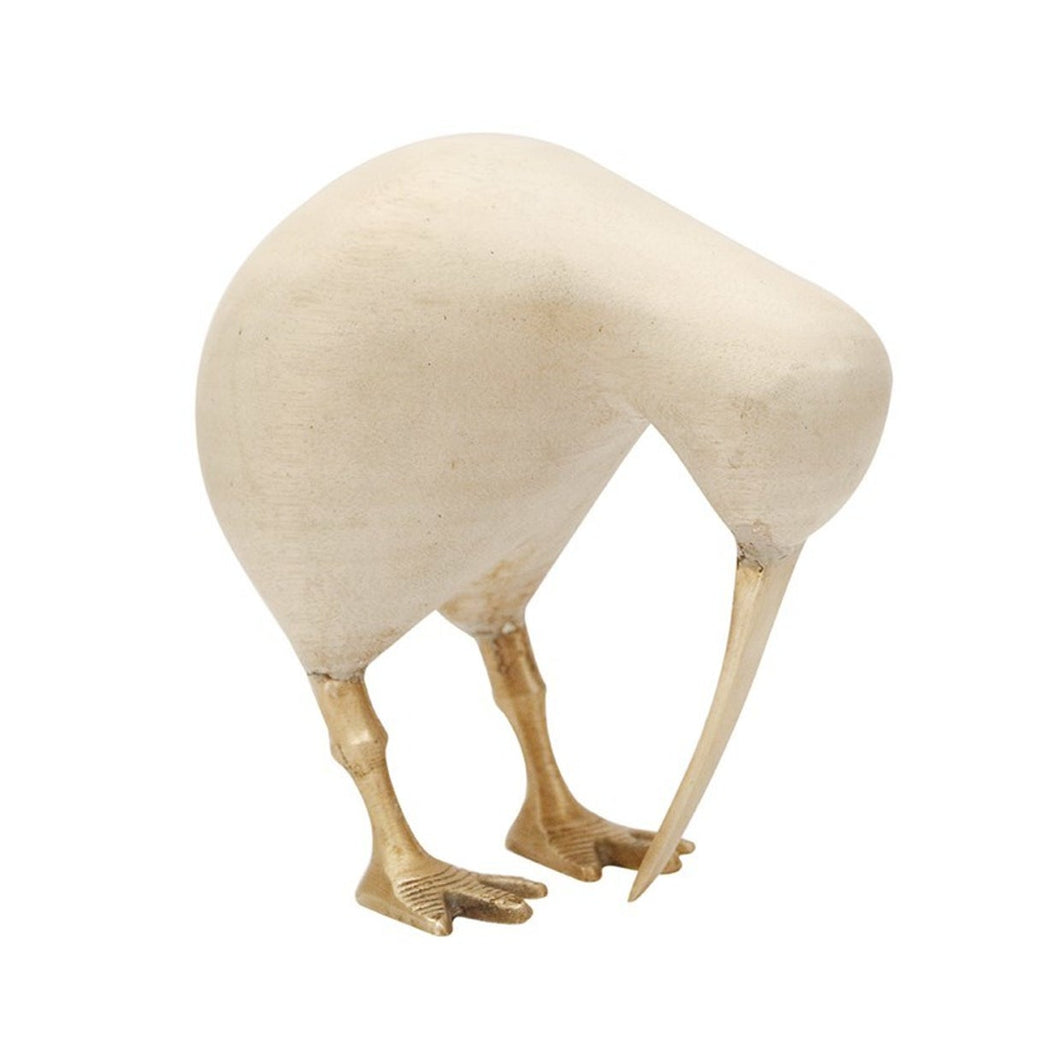 WOODEN WHITEWASHED KIWI WITH BRASS LEG AND BEAK